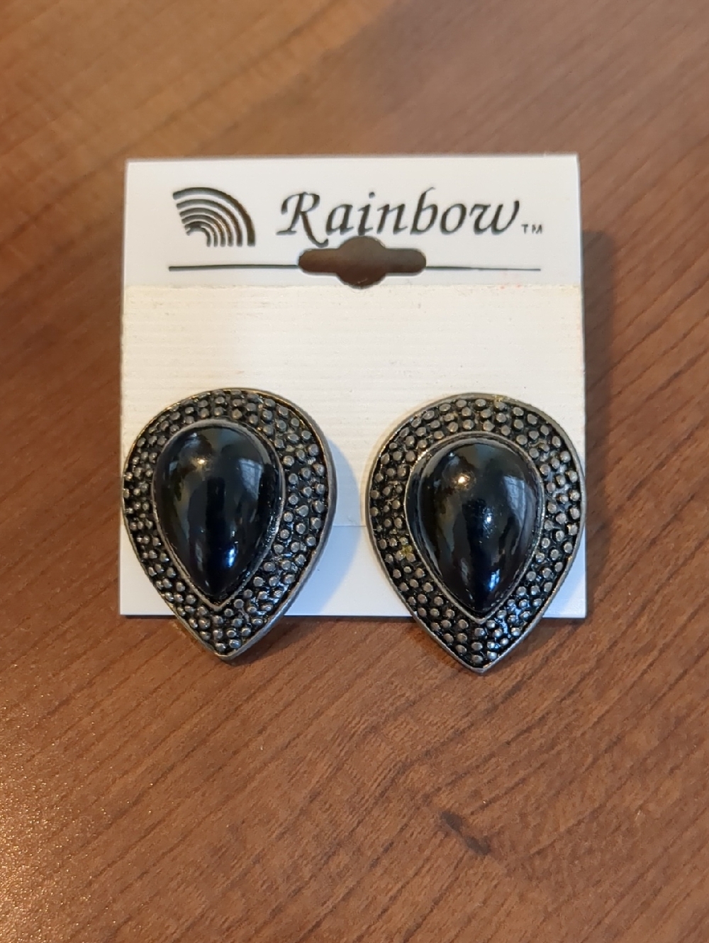 NWT "Rainbow" Black Acrylic Silver Tone Teardrop Clip on Earrings